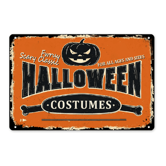 2D Flat, Halloween Costumes Shop Tin Sign, Pumpkin with Letter Funny Scary Classic for All Age and Sizes Vintage Metal Tin Signs for Cafes, Shop Wall Decorative Funny Retro Signs, 8x12 Inch