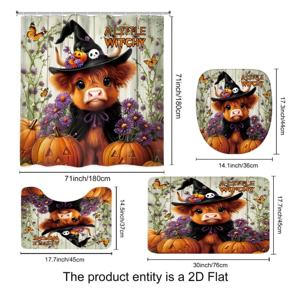 2D Flat Halloween Highland Cow Shower Curtain Set, Gothic Witch Hat Pumpkin Butterfly Flower Plant Bathroom Set Complete Set (With 12 Hooks), Non-Slip Bath Mat, Toilet U-Shaped Mat, Toilet Seat Cover