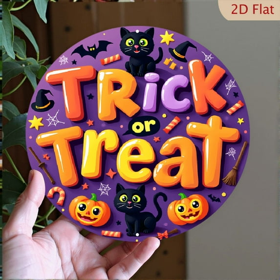 2D Flat, Halloween Round Aluminum Wall Sign - 8*8 Inch Trick or Treat Decoration with Black Cats, Pumpkins & Bats - Vibrant Purple & Orange American-Style Holiday Decor for Home, Office, Garden