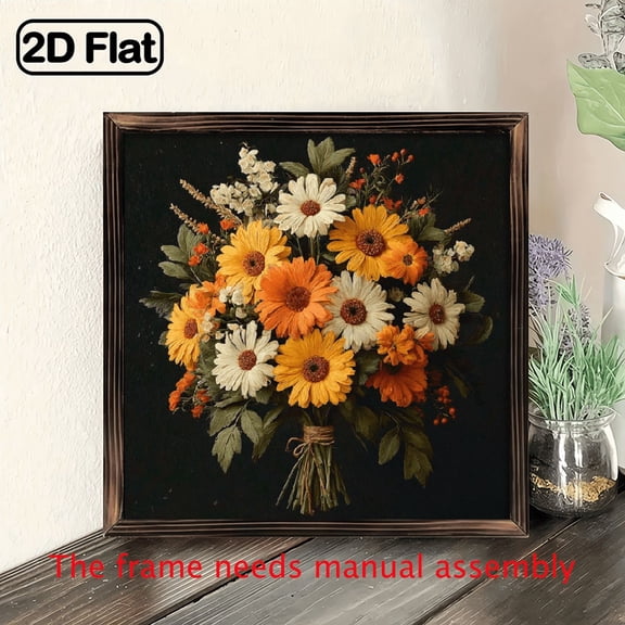 2D Flat, Halloween Wood Framed Floral Wall Art - 8x8 Inch Orange White Yellow Brown Daisies on Black Print, Ready-to-Hang Decor for Living Room, Bedroom, Office, Bathroom, Dorm Home Decor