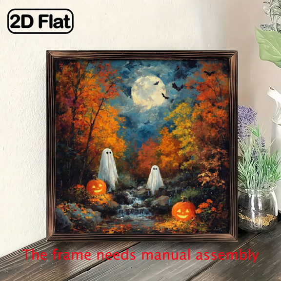 2D Flat, Halloween Wooden Frame Art 1pc Halloween-Inspired Wooden Frame Art, 8x8 Inch - Spooky Forest Scene with Pumpkins, Ghosts Full Moon - Perfect Gift for Family or Hot Tub Wall Decor, Hallowe