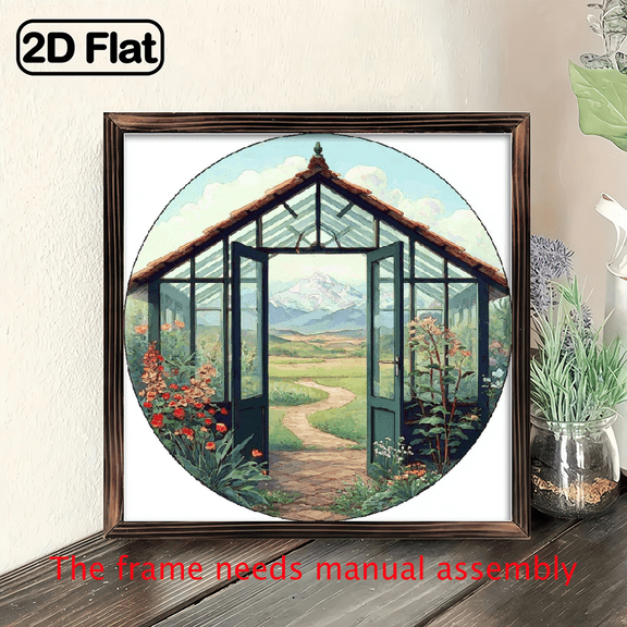 2D Flat, Handcrafted Artificial Wood Bohemian Round Sign - Wall Hanging Decor with Rustic Cabin Garden Scene, Perfect for Home, Bedroom, Entryway, Study - AllSeason Holiday Home Decoration