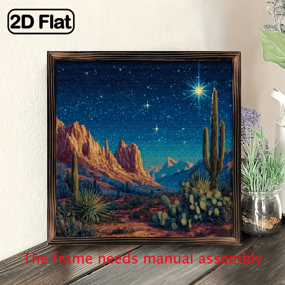 2D Flat Handcrafted Vintage Desert Cactus Wood Wall Art Sign - 8x8 Inch Framed Rustic Southwest Desert Landscape with Saguaro Cacti, Turquoise Night Sky Cacti Ideal Southwestern Housewarming Gift