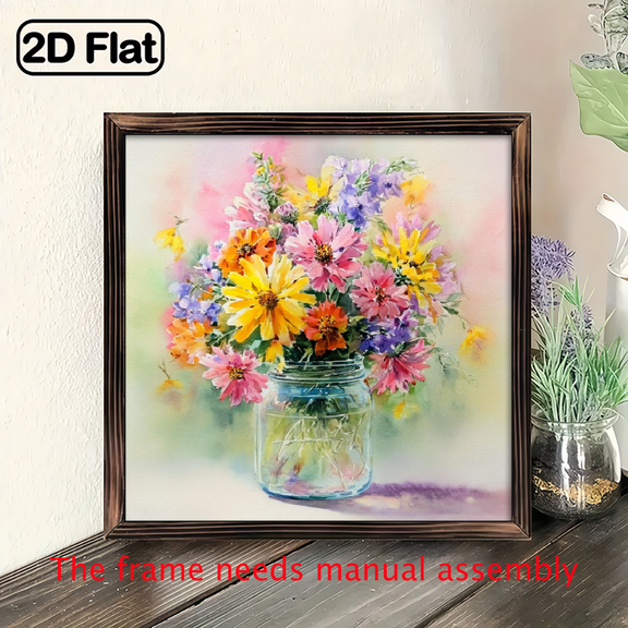 2D Flat, Handmade Vintage Floral Wall Art - 2D Flat Mason Jar Watercolor Painting in Pink, Yellow, Blue, Purple Green - Rustic Bohemian Farmhouse Decor with Pre-Drilled Holes - Easy to Hang Recycl