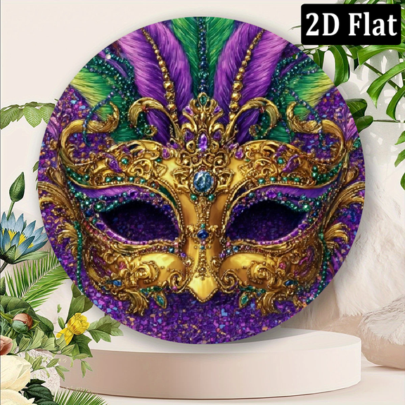 , Happy Mardi Gras Wall Art Decorative Sign, Vintage Pattern Aluminum Sign Circular Metal Sign Artistic Wall Decoration for Home, Bar, Cafe, Restaurant Celebrations Decor, Perfect 8*8in