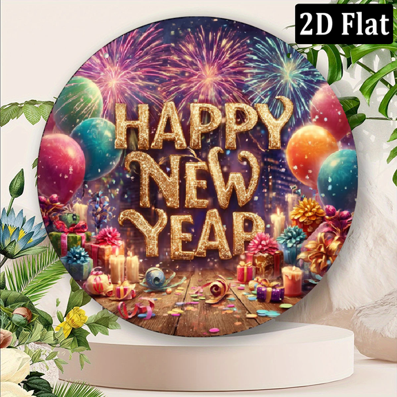 2D Flat, Happy New Year Wreath Sign Holiday New Year's Eve Decorations Holiday Door Signs, Round Fashion Art, Great for Home, Cafe, Restaurant Indoor and Outdoor Use, 8x8 inch Decorative Sig