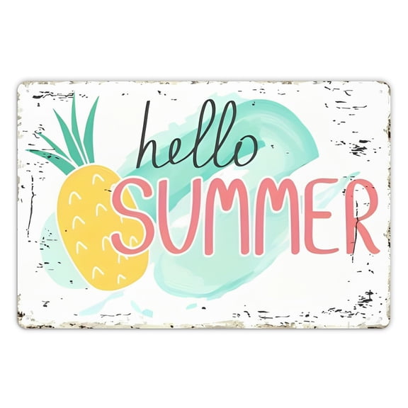 2D Flat, Hello Summer Vintage Metal Sign - Rustic Iron Wall Art with Pineapple Design, 8x12 Inch Retro Decorative Plaque for Indoor/Outdoor Home, Bar, Cafe, Garden