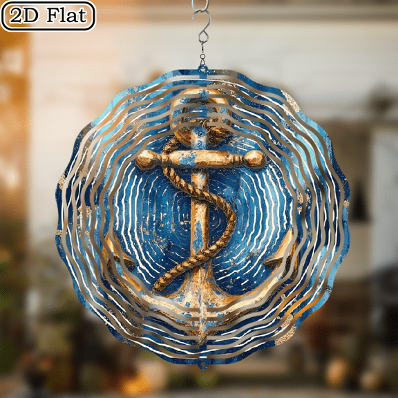 2D Flat, HelloYoung Metal Anchor Wind Spinner Outdoor Wind Chime - Nautical-Themed Durable Metal Hanging Art with Blue Golden Accents, Yard, Garden Decor - Perfect Graduation, Wind Spinner 10*10in