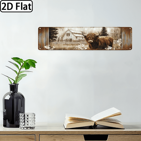2D Flat - Highland Cow Barn Metal Wall Sign - Rustic Farmhouse Decor, 16x4 Inch, Vintage Style Art for Living Room, Bedroom, Office - Durable, Easy-to-Hang, Decorative Accent, Cow Decor