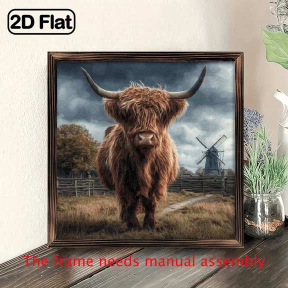 2D Flat, Highland Cow Wooden Wall Art, 8x8 Inch - Rustic Summer Home Decor with Windmill Scene, Perfect for Living Room, Bedroom, Kitchen, or Seaside Gifts, Mother'S Day Teacher'S Day Gift Idea, C