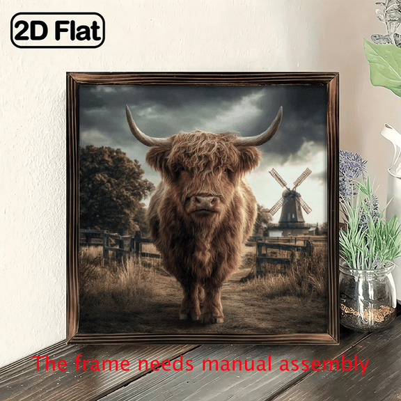 2D Flat, Highland Cow Wooden Wall Art, 8x8 Inch - Rustic Summer Home Decor with Windmill Scene, Perfect for Living Room, Bedroom, Kitchen, or Seaside Gifts, Mother'S Day Teacher'S Day Gift Idea, C