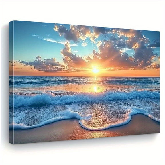 2D Flat, Horizontal Wooden Frame, a Single Piece Canvas Wall Art Depicting a Sunset Over Waves, Featuring a Vibrant And Tranquil Beach Scene. This Decoration Is Suitable for Living Rooms, Bedrooms