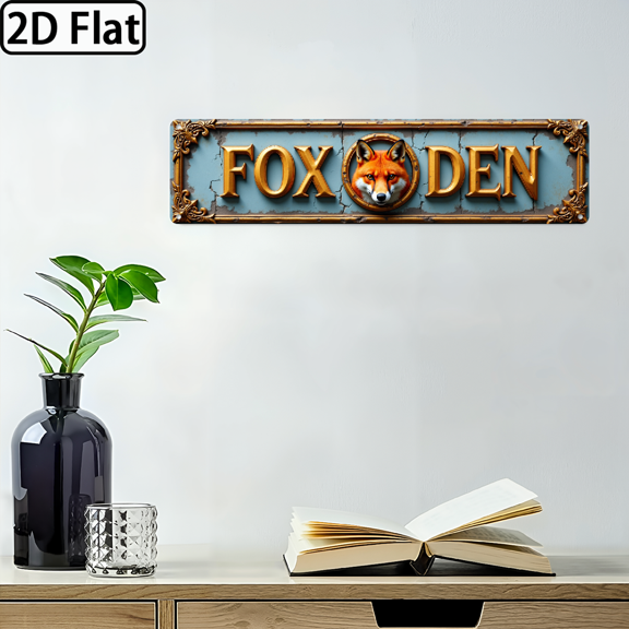 2D Flat - A Humorous Vintage-Style Sign Featuring a 2D Flat Design of a Fox, Adorned with Golden Letters And an Ornate Border This Sign Is Suitable for Use in Bars, Living Rooms, Dining Areas, H