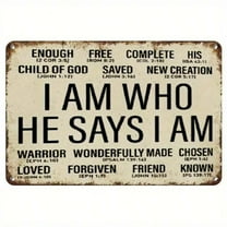 2D Flat "I AM WHO HE SAYS I AM" Christian Metal Tin Sign With 20  Bible Verses - Rustic Distressed Finish Wall Art For Home, Office, Bedroom - Inspirational Spiritual Decor & Perfect Gift For Men & W