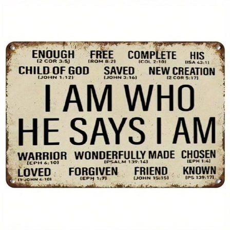2D Flat "I AM WHO HE SAYS I AM" Christian Metal Tin Sign With 20+ Bible Verses - Rustic Distressed Finish Wall Art For Home, Office, Bedroom - Inspirational Spiritual Decor & Perfect Gift For Men & W