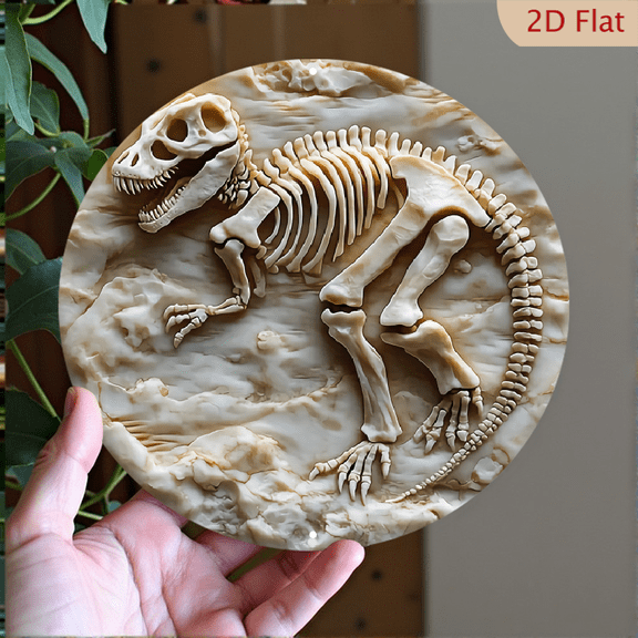 2D Flat Imitation T-Rex Fossil Wall Art Decor, 8" Round Aluminum Wall Art Sign, Metal Signs, Wall Decor For Kitchen, Door, Office, Coffee, Bedroom Decor, Best Gifts For Room, Home, Bathroom Decor
