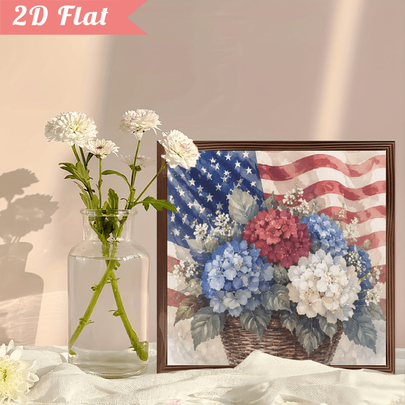 2D Flat Independence Day Floral Flag Pride Wood Framed Art, Patriotic Wall Decor, Vintage Picture for Home Decor Lover Friend