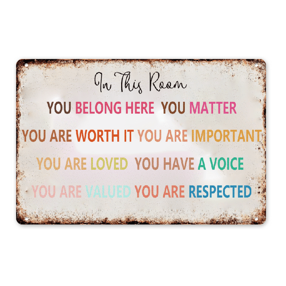 2D Flat Inspirational Rainbow Metal Sign 'In This Room You Belong' - Vintage-Style Multicolor Wall Art, 12x8 Inch Iron Decor for Classroom Teacher Back to School, Perfect for Room Decor