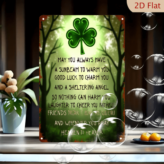 2D Flat, Irish Good Luck Metal Wall Decor - Four-Leaf Clover Sign with Green Golden Vintage Irish Blessing - Heavy-Duty Iron Poster for Home, Office, Pub - Easy Hang with Pre-Drilled Holes - Luc