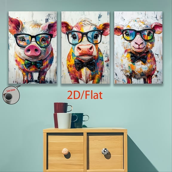 2D Flat, [JIT]3pcs, 2D Flat canvas paintings- frameless, Colorful Cow Wall Art with Glasses and Bow - Tie, Decorative Home Decor, Posters and prints, Midsummer Festival, home decor, holiday gifts, p