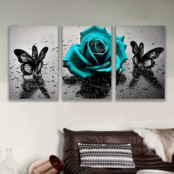 2D Flat, [JIT]3pcs, Decorative painting--frameless, Teal Rose with Water - Drops, Artistic Home Decor for Elegant Aesthetic, Posters and prints, Mother's Day, Holiday Gifts, Birthday Gifts, Father's
