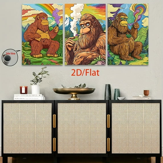 2D Flat, [JIT]3pcs/set, 2D Flat canvas paintings- frameless, Bigfoot Smoking Art Print - Colorful and Quirky Wall Decor for Home Posters and prints, Halloween gifts, Christmas gifts, home decor, hol