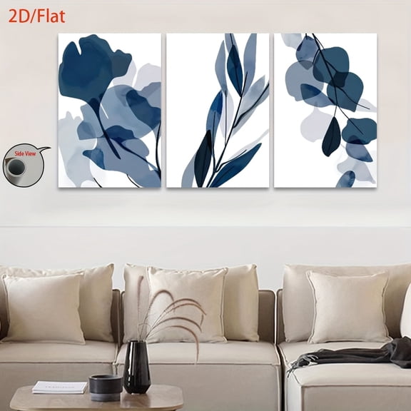 2D Flat, [JIT]3pcs/set, 2D Flat canvas paintings- frameless, Blue Leafy Branch Wall Decor - Stylish Home Art for Modern Aesthetics, Posters and prints, Midsummer Festival, All Saints' Day, home deco
