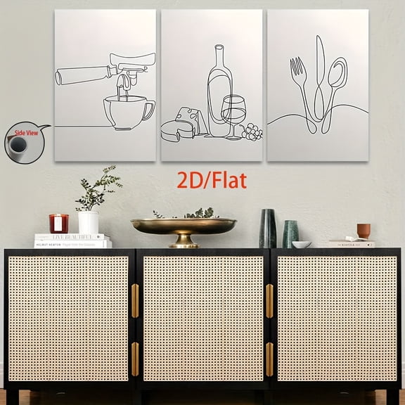 2D Flat, [JIT]3pcs/set, 2D Flat canvas paintings- frameless, Continuous - line Art: Wine Bottle, Glass, Cheese and Grapes Decor Posters and prints, Halloween gifts, Christmas gifts, home decor, holi