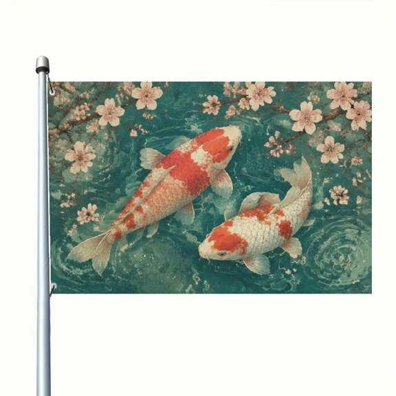 2D Flat Japanese Koi Fish In Teal Water Garden Flag, Double-Sided Tranquil Nature Banner For Patio Home Decor, Holiday Parties, Thanksgiving Christmas Independence Day, Durable Outdoor Garden Flag
