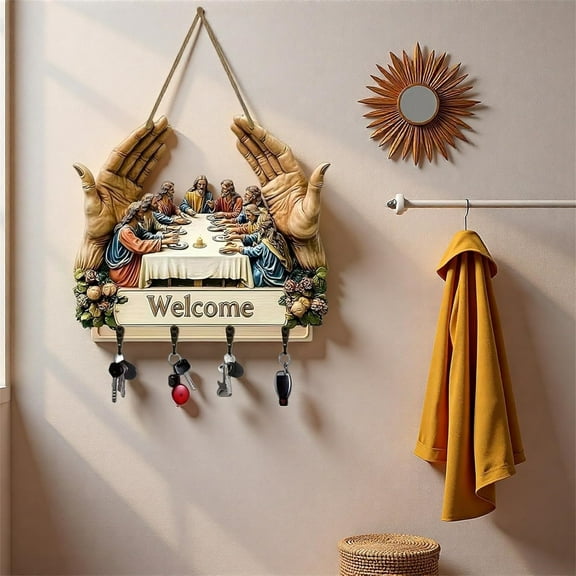 2D Flat Jesus and Disciples Wall Art Hooks, Religious Keychain Holder, Rustic Farmhouse Decor Rack Organizer for Entryway, Hallway, Entry, Key Ring Hooks Gifts for Family, Friends