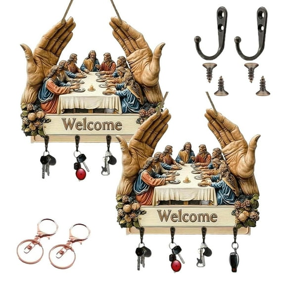 2D Flat Jesus and Disciples Wall Art with Key Hooks, Religious Keychain Holder, Rustic Farmhouse Decor Rack Organizer for Entryway, Hallway, Entry, Key Ring Hooks Gifts for Family, Friends