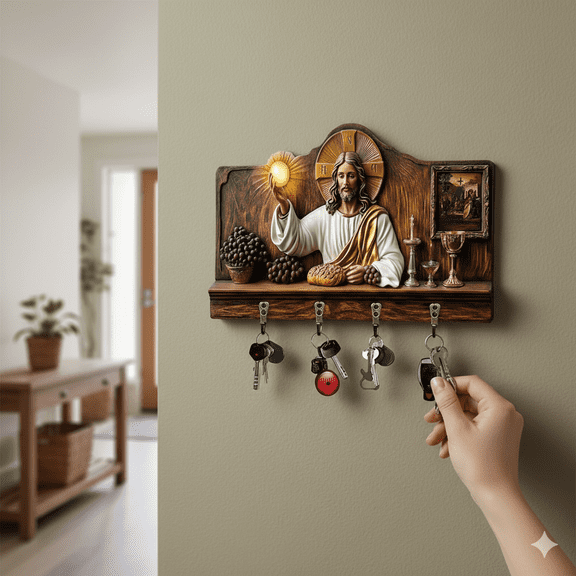 YaoZQ Jesus Key Holder for Wall, Wooden Religious Key Rack with 4 Hooks, 2D Flat Printed Christian Home Decor, Khaki, 11.8" x 9"