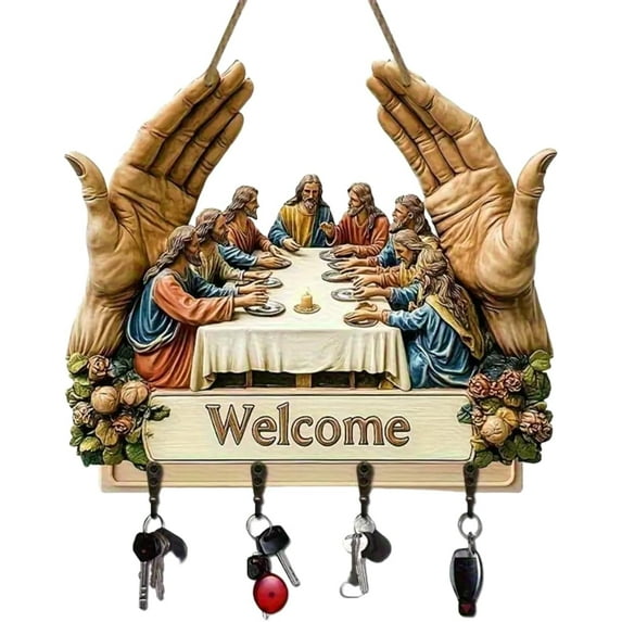 2D Flat Jesus and Disciples Wall Art Keychain, Key Holder Wall Mount with 4 Metal Hooks, Rustic Wooden Key Rack Organizer, Farmhouse Religious Welcome Sign, Christian Gifts for Home Decor (#A)