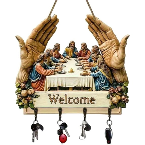 2D Flat Jesus and Disciples Wall Art Keychain, Key Holder Wall Mount with 4 Metal Hooks, Rustic Wooden Key Rack Organizer, Farmhouse Religious Welcome Sign, Christian Gifts for Home Decor (#A)