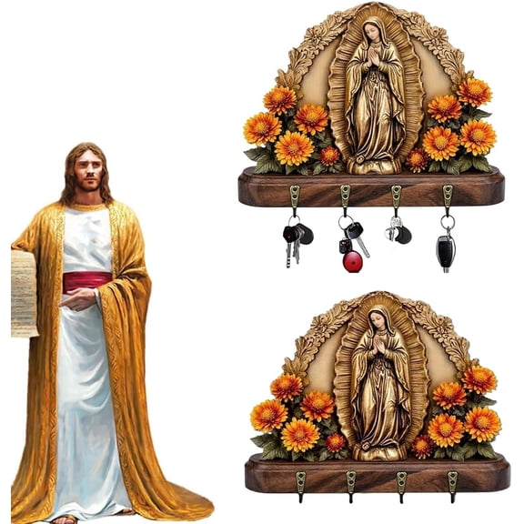 2D Flat Our Lady of Guadalupe Sacred Wall Key Holder Golden Virgin Mary Key Holder with 4 Metal Hooks for Entryway Rustic Mount Housewarming Gifts Christian Gifts for Family and Friends(2PC)