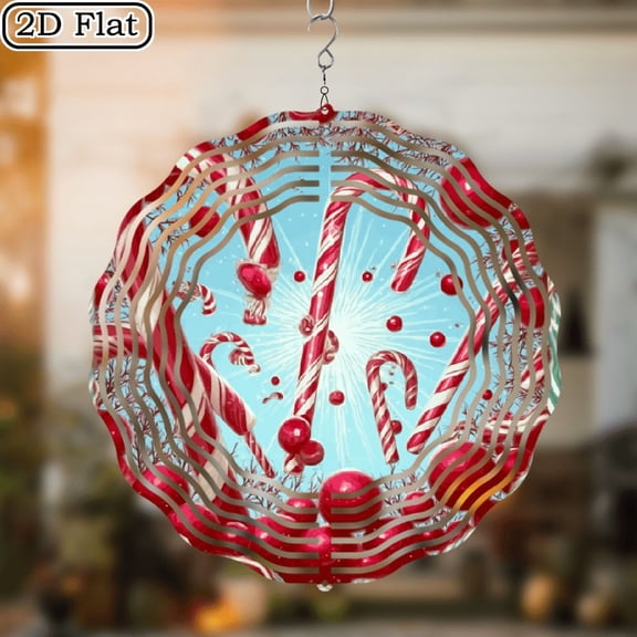 2D Flat, Large 10-Inch Metal Wind Chime with 360° Rotating Hook - Dynamic Christmas Tree Sculpture Design, Red Golden Candy Canes, Snowflakes Ornaments - Durable Iron OutdoorIndoor Holiday Decor