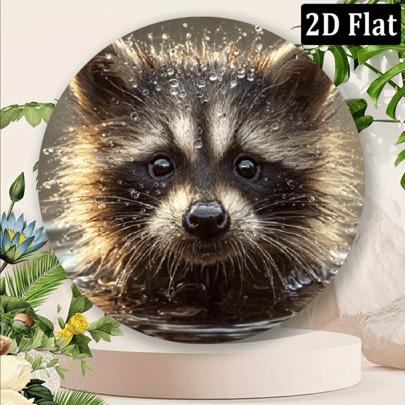 2D Flat, Large 8X8in Round Metal Sign With Raccoon Print - Perfect For Room, Cafe, Restaurant, Garage, Porch Patio Decor Ideal Gift For Friends, Family, Girlfriends Brothers