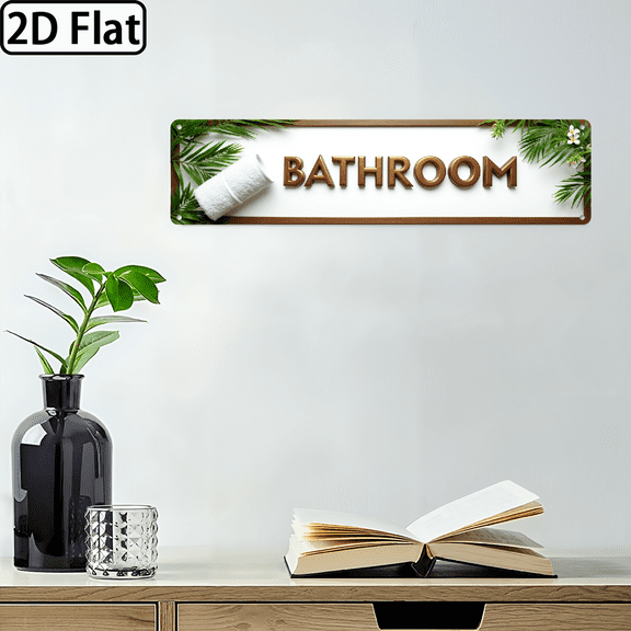 2D Flat, Large Bathroom Letter Sign - Vintage Modern Metal Wall Decor with Green Leaf Accent - Dark Brown Golden Bathroom Decoration - Extra Long 16 - Easy Mounting Hardware Included - for Home,