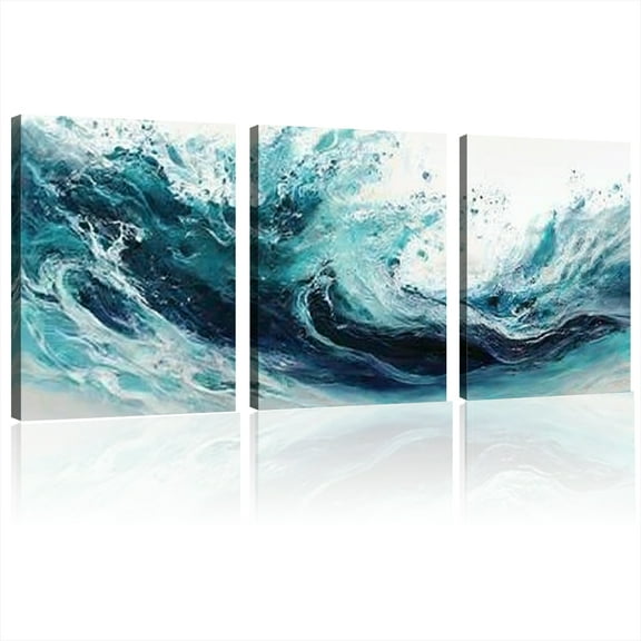 2D Flat, Large Modern Minimalist Canvas Wall Art Framed Abstract Ocean Waves Print in Blue & Green, Indoor Wall Decor for Living Room, Bedroom, or Dining Area, Living Room Decor 12x16inchx3pcs