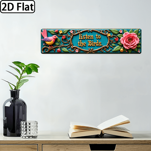 2D Flat, Large Turquoise Vintage Turquoise Turquoise Blue-Green Aluminum Sign - Ornate Bird Floral Scrollwork Wall Plaque with Listen to the Birds German Phrase (Listen zum Vogel) - 4x16 Inch