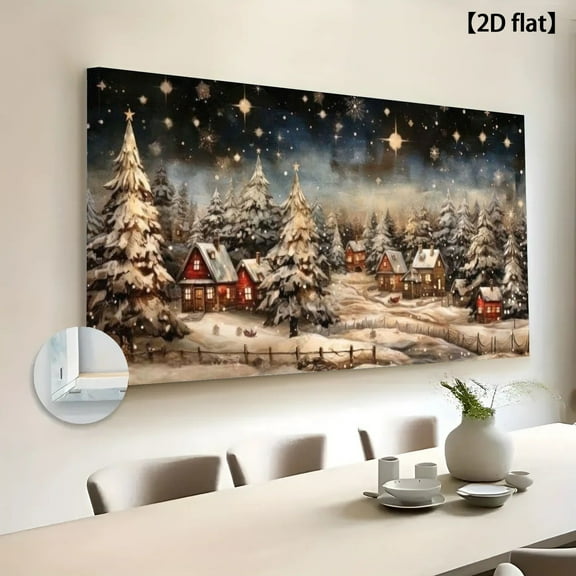 2D Flat, Large Winter Snow Village Wall Art Painting - Modern Wrapped Canvas Framed Snowy Christmas Landscape with Red-Roofed Houses, Starry Night & Pine Trees - Horizontal