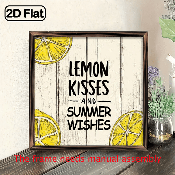 2D Flat, Lemon Kisses Summer Wishes Wooden Sign - Rustic Farmhouse Lemon Slice Wall Art with Lemon Slices Leaf Patterns, Wood Framed Decor for Kitchen, Bathroom, Living Room - Lemon-Themed Gift