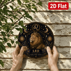 2D Flat, Leo Zodiac Round Wall Art, Vintage Astrology Metal Sign Decor, Celestial Horoscope Plaque with Gold Black Boho Design for Bedroom Living Room Office Home Decor