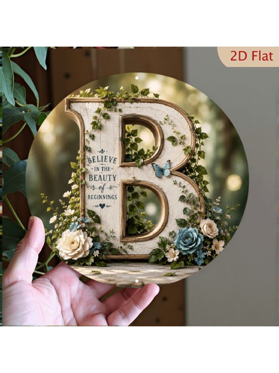 2D Flat, Letter B Vintage Floral Round Aluminum Sign 8x8in, Rustic Farmhouse Monogram Wall Art, Personalized Botanical Initial Decor for Bedroom Living Room Porch