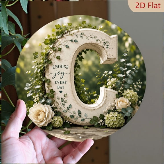 2D Flat, Letter C Botanical Monogram Round Aluminum Sign 8x8in, Rustic Cottagecore Floral Wall Decor, Personalized Initial Hanging Plaque for Home Entryway