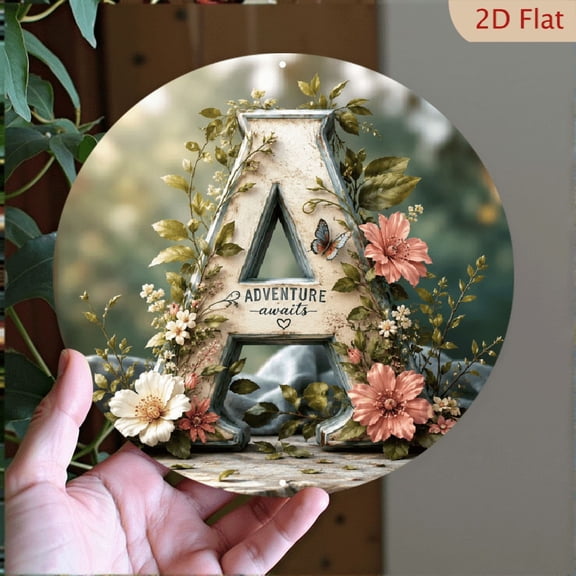 2D Flat, Letter A Floral Monogram Round Aluminum Sign 8x8in, Personalized Farmhouse Wall Decor, Rustic Botanical Initial Hanging Plaque for Bedroom Living Room Front Door Entryway