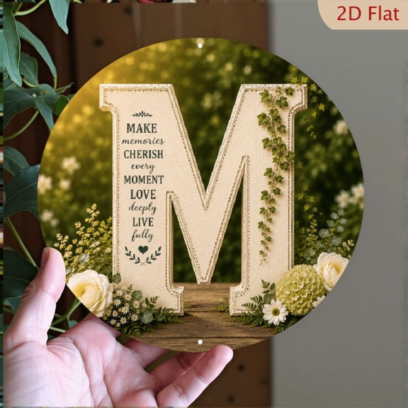 2D Flat, Letter M Floral Initial Round Aluminum Sign 8x8in, Personalized Farmhouse Botanical Wall Decor, Rustic Cottagecore Hanging Sign