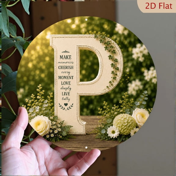 2D Flat, Letter P Floral Monogram Round Aluminum Sign 8x8in, Personalized Rustic Farmhouse Wall Decor, Botanical Hanging Plaque for Entryway