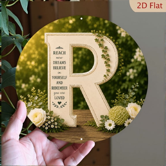 2D Flat, Letter R Floral Rustic Round Aluminum Sign 8x8in, Personalized Monogram Farmhouse Wall Decor, Botanical Hanging Sign for Home
