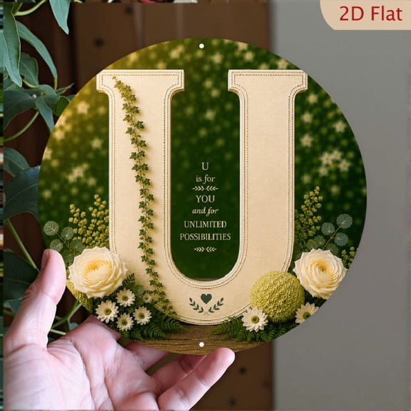2D Flat, Letter U Rustic Botanical Round Aluminum Sign 8x8in, Personalized Floral Monogram Wall Art, Cottagecore Farmhouse Hanging Decor
